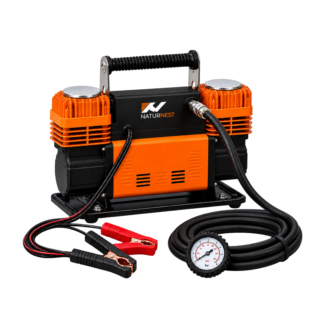 Naturnest Dual Cylinder Air Compressor with handheld gauge on the inflation hose