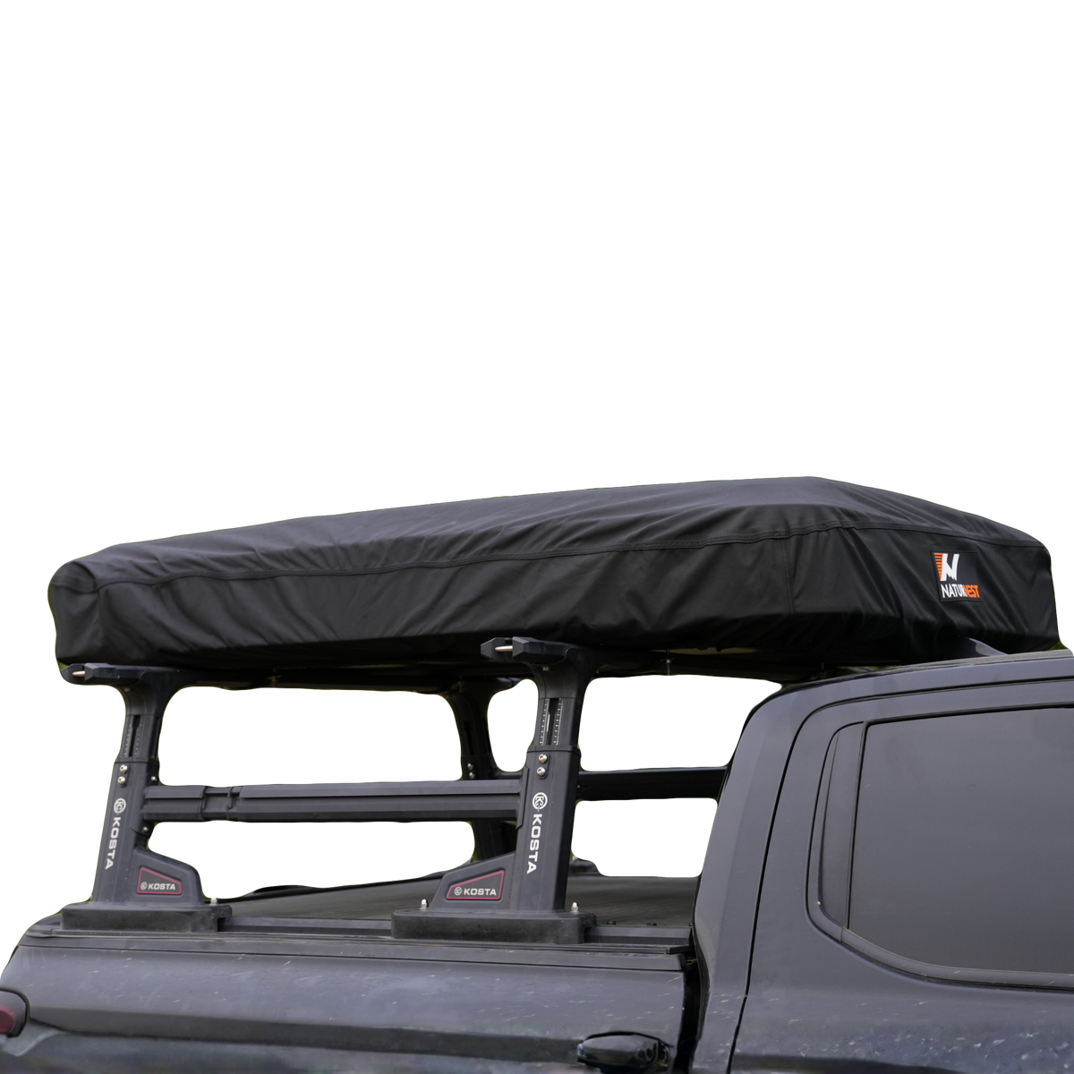 Naturnest Sirius Rooftop Tent Cover fitted over a closed rooftop tent on a truck bed rack