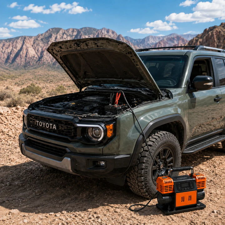 Naturnest Dual Cylinder Air Compressor powering from a vehicle battery on an overland trip