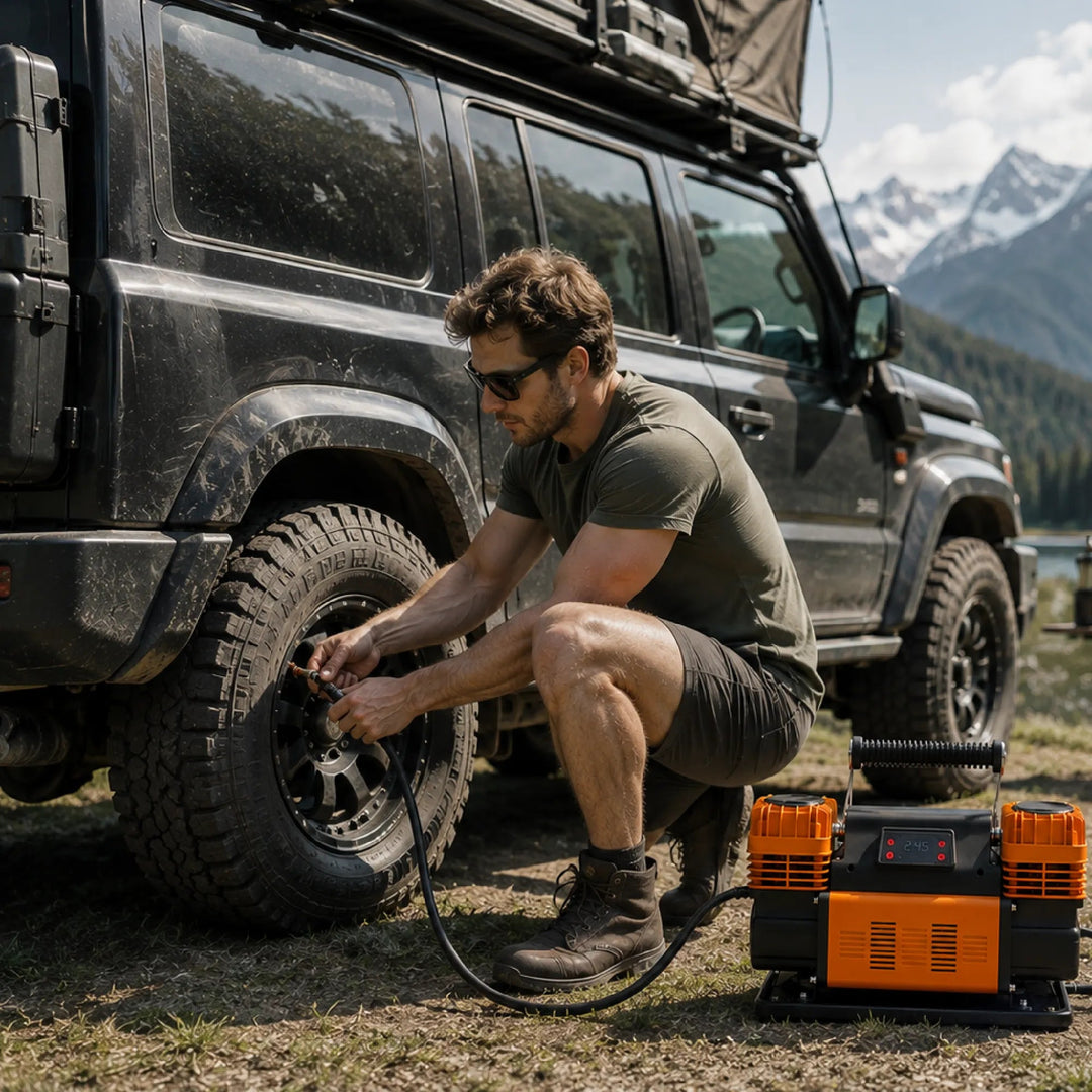 Naturnest Dual Cylinder Air Compressor airing up a 4WD tire at camp