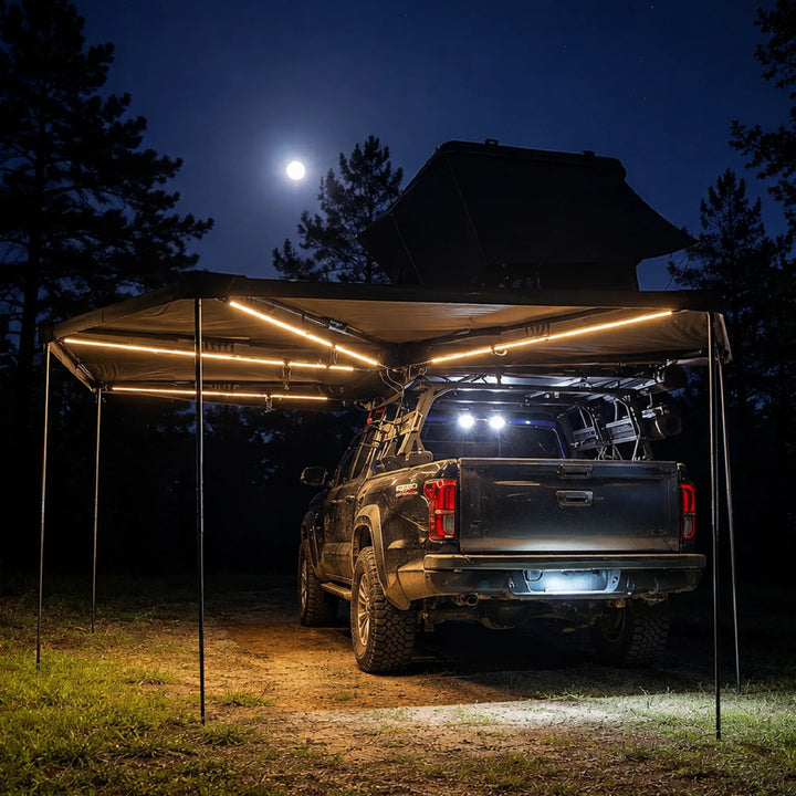 Naturnest 270 Plus X-TEND Awning with 6 integrated LED lights illuminated at night