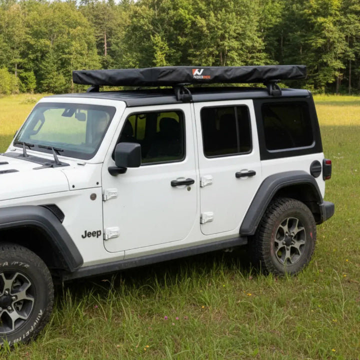 Naturnest Polaris Rooftop Tent Cover fitted on a rooftop tent, front three-quarter view