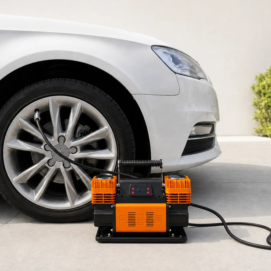 Naturnest Dual Cylinder Air Compressor inflating a passenger car tire