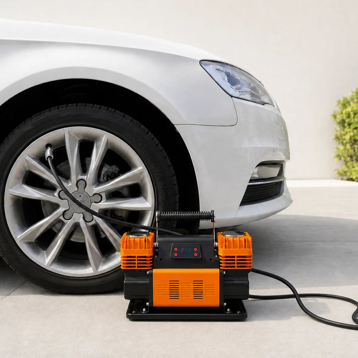 Naturnest Dual Cylinder Air Compressor inflating a passenger car tire