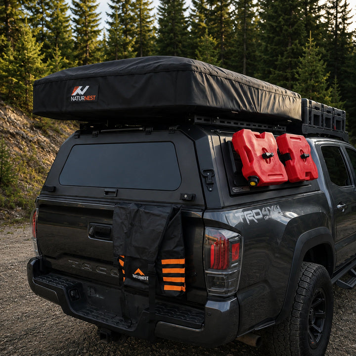 Naturnest Sirius Rooftop Tent Cover fitted on a rooftop tent over a truck canopy