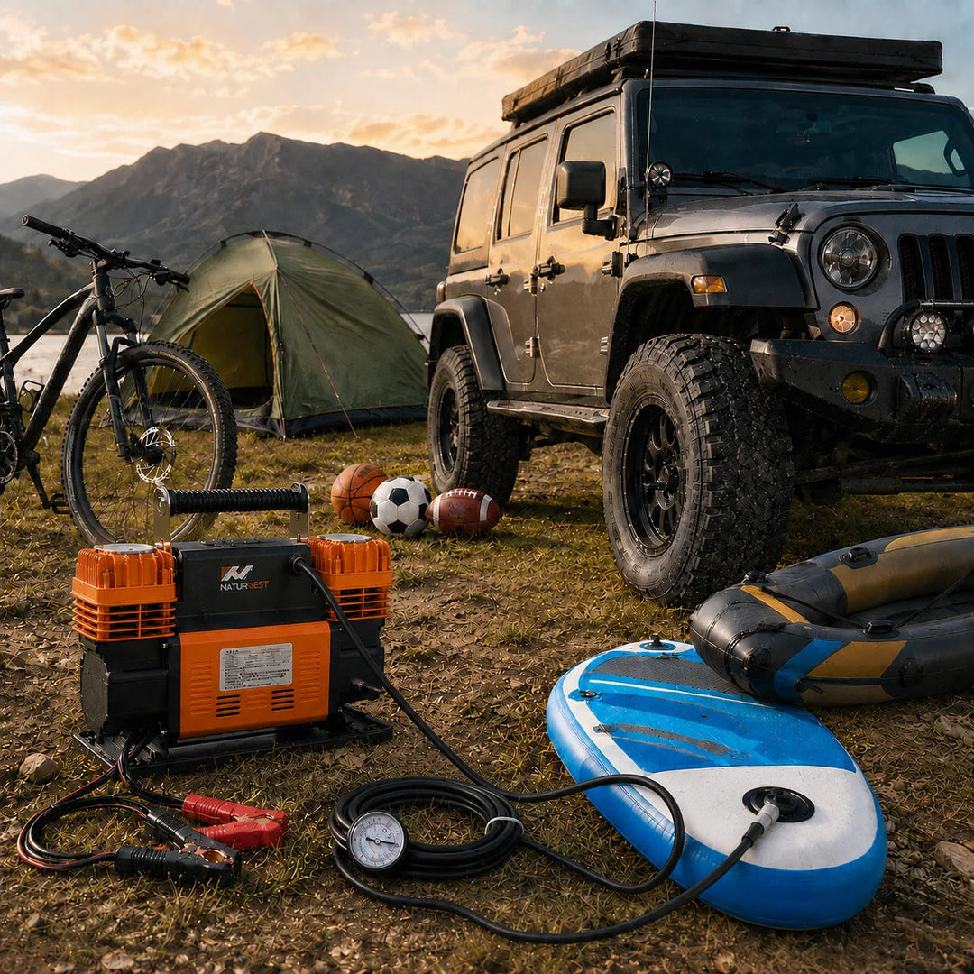 Naturnest Dual Cylinder Air Compressor with adapters for tents, boats, bicycles and sports balls