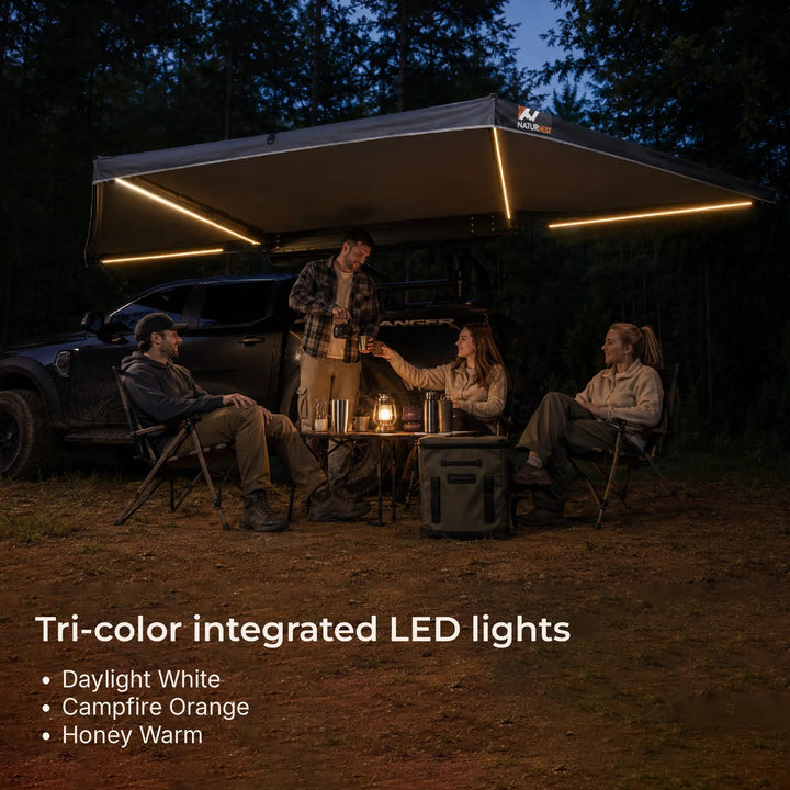 Naturnest 180 Awning tri-color integrated LED lights - daylight white, campfire orange, honey warm