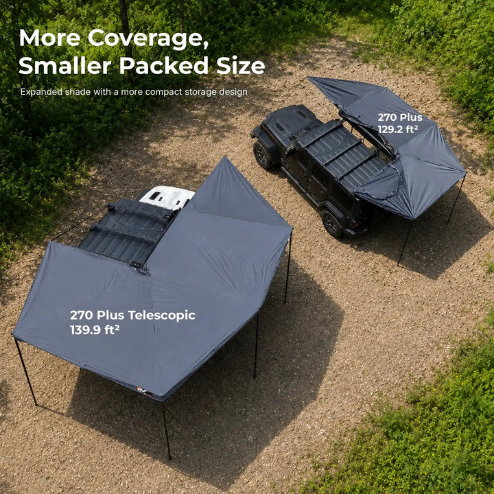 Naturnest 270 Plus X-TEND Awning coverage comparison - 139.9 sq ft versus 129.2 sq ft on the standard 270 Plus