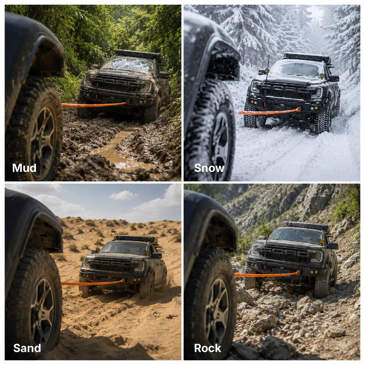 Naturnest Recovery Rope in use across mud, snow, sand and rock terrain