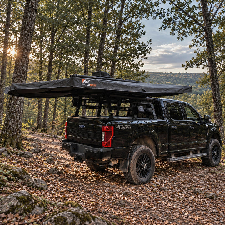 Naturnest 360 Awning mounted on a truck bed rack, three-quarter view