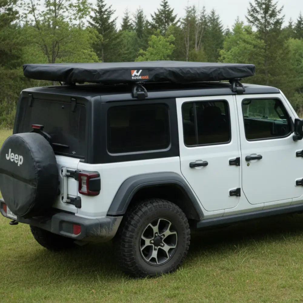 Naturnest Polaris Rooftop Tent Cover fitted on a rooftop tent, rear three-quarter view