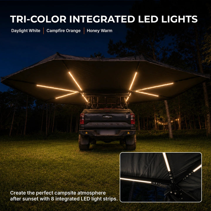 Naturnest 360 Awning tri-color integrated LED lights - daylight white, campfire orange, honey warm - 8 LED light strips