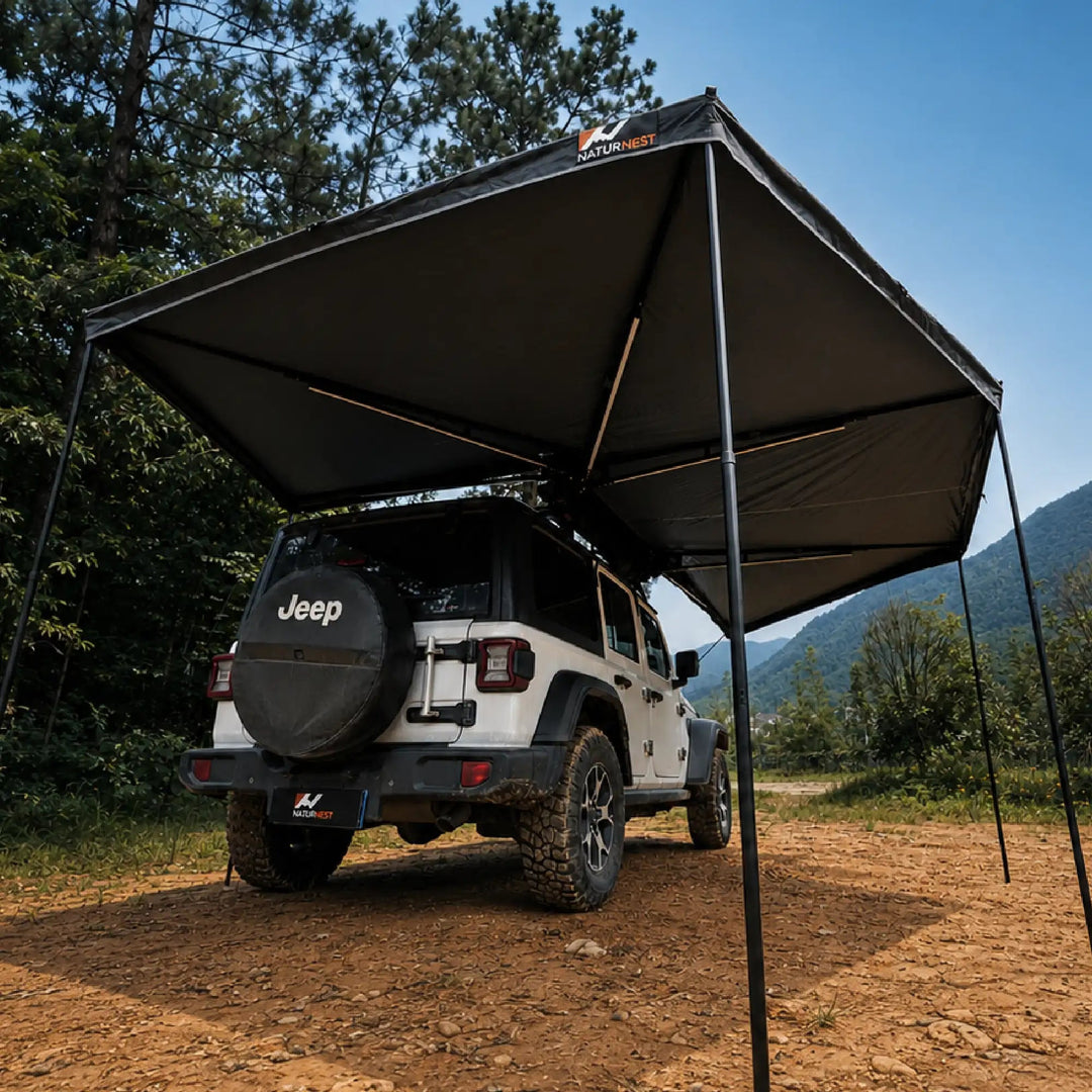 Naturnest 270 Plus X-TEND Awning rear three-quarter view deployed