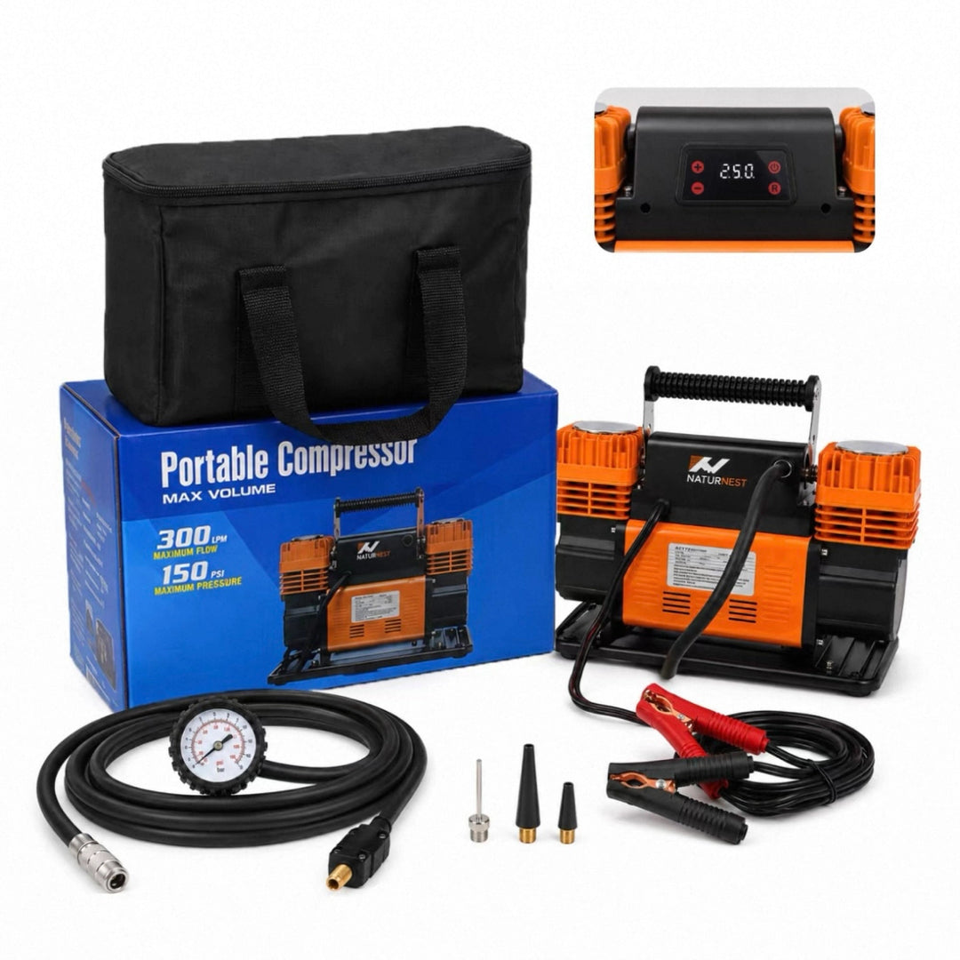 Naturnest Dual Cylinder Air Compressor with built-in digital gauge - complete kit with carry bag, hose, clamps and adapters