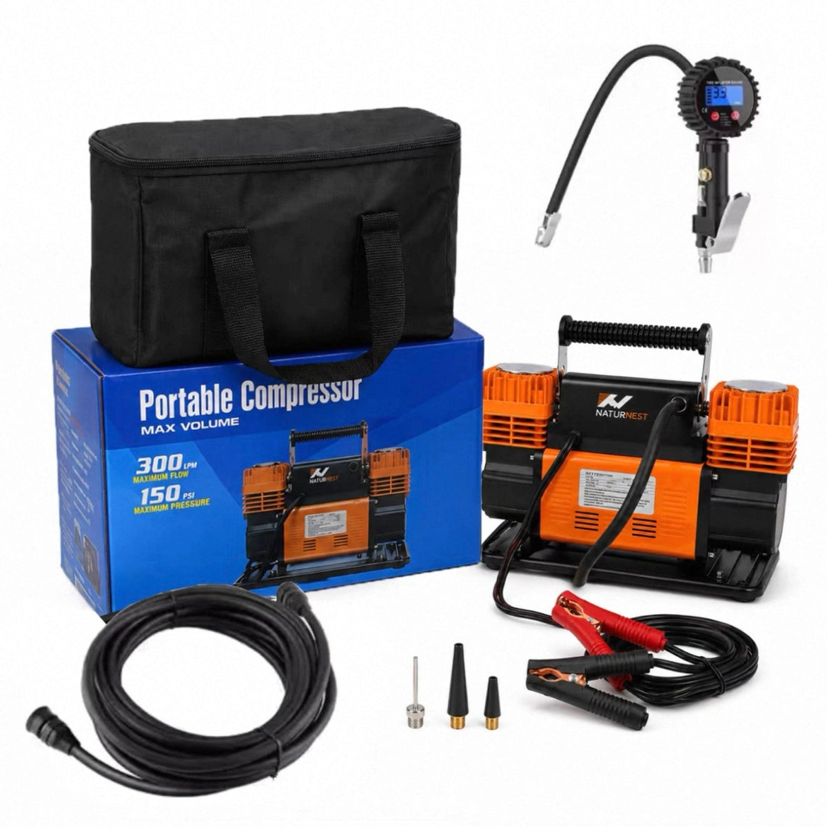 Naturnest Dual Cylinder Air Compressor with handheld digital gauge - complete kit with carry bag, hose, clamps and adapters