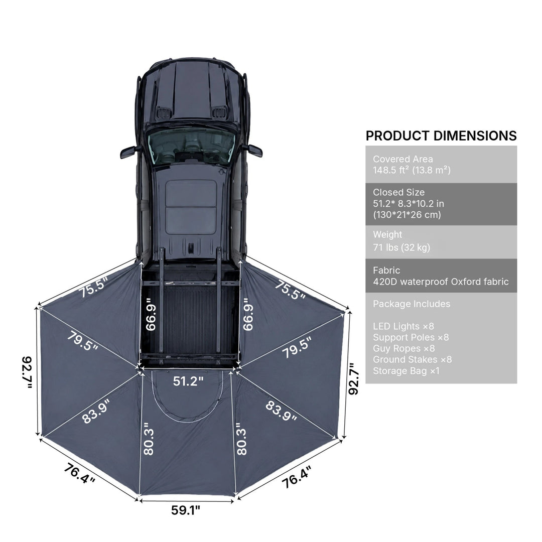 Naturnest 360 Awning dimensions diagram - 148.5 sq ft covered area, 51.2 x 8.3 x 10.2 in closed
