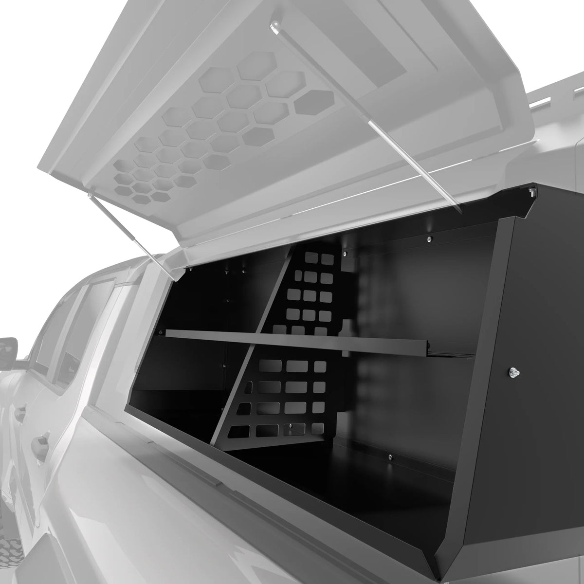 OPENROAD truck cap storage box with MOLLE divider panel and shelf, driver side