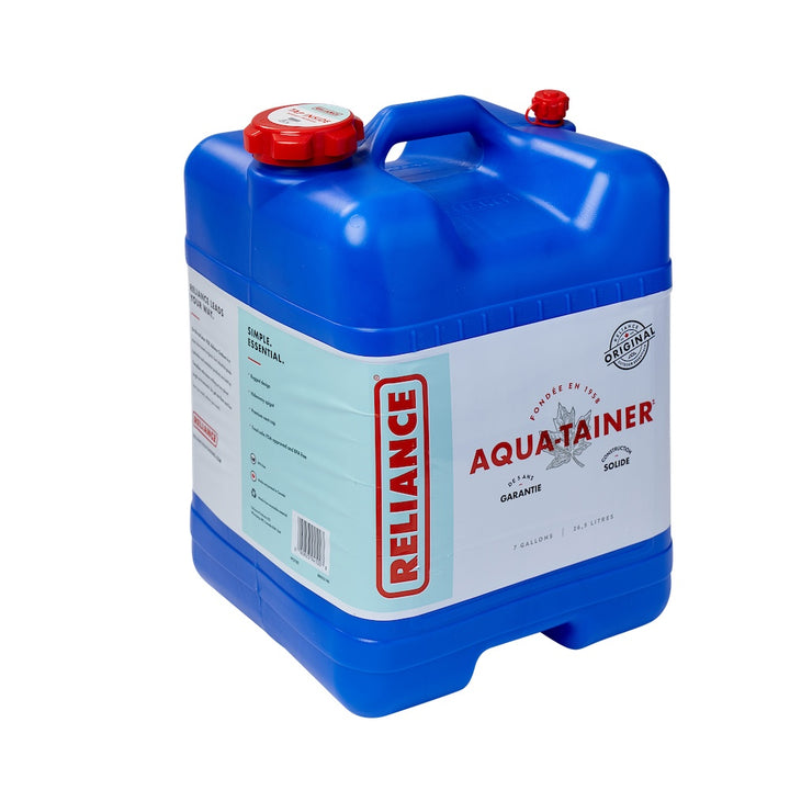 Reliance Aqua-Tainer 7 Gallon angled view showing handle and vent cap