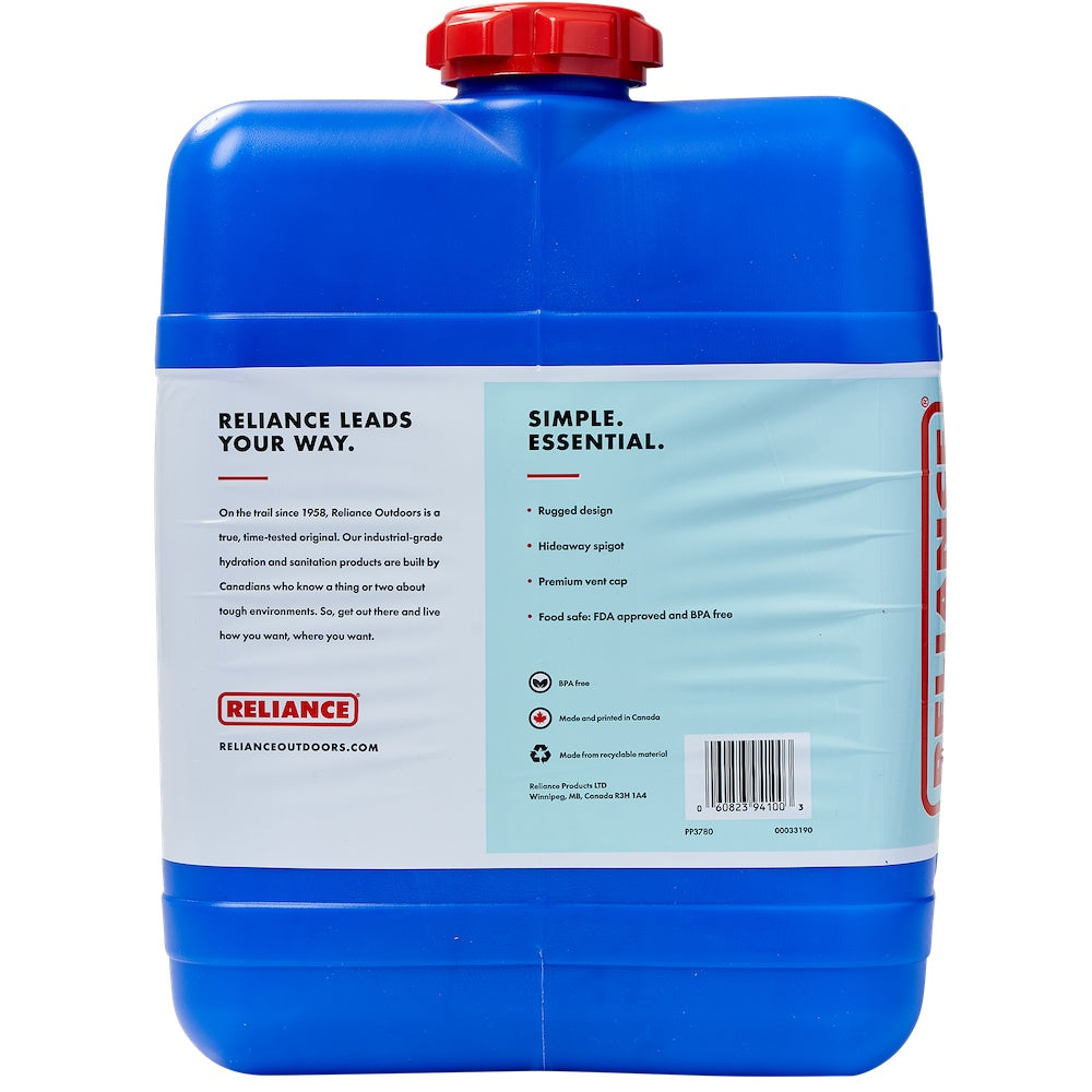 Reliance Aqua-Tainer 7 Gallon side label with features and specifications